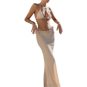 SHENHE Women's 3 Piece String Bikini Set Triangle Halter Starfish Metal Swimsuit with Long Skirt