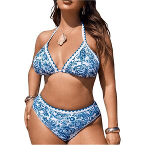 OYOANGLE Women's Plus Size 2 Piece Boho Printed Bikini Swimsuit Triangle Halter Bathing Suit High Waisted Swimwear