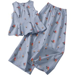 Verdusa Girl's 2 Piece Floral Outfits V Neck Sleeveless Peplum Top and Wide Leg Long Pants Set