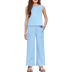 Arshiner Girls Clothing Set Casual Clothes Sleeveless Back Tank Crop Top and Wide-Leg Pants with Pocket 2 Piece Outfits 5-13Y