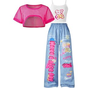 SOLY HUX Girl's Graphic 3 Piece Outfits Sheer Crop Tee and Cami Top with Jeans Pants Set