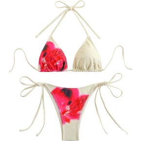 SEGT Women's 2 Piece Floral Print Halter Neck Tie Bikini Set Triangle String Thong Swimsuit Summer Bathing Suits for Women in Kuwait