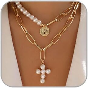 Layered Pearl Necklace for Women Trendy Simple Necklace Gold Chain Choker Necklace Pearl Cross Necklace Tiny Gold Jewelry for Women