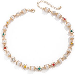 Daisy Pearl Necklace – Gold-Tone Layered Choker with Pearls & Colorful Gemstones, Perfect for Layering with Long Necklaces, Timeless Floral Statement Jewelry for Men & Women