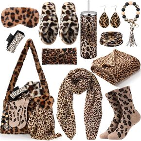 12 Pcs Leopard Print Gifts for Women Includes Blanket Wrap Scarf Tumbler Socks Shoulder Bag Slippers Earrings Eye Mask Hair Clip Headband Bracelet Keychain for Nurses Mother's Day Birthday