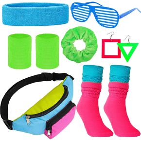 YAROMO 80s Neon Costume Set, 80s 90s Leg Warmers Yoga Headband Wristband Fanny Pack for Women