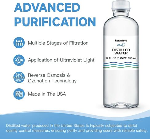 12 oz 6-Pack Distilled Water for CPAP Machines | Made in USA | Use with ResMed and Respironics Machines | Travel-Friendly, Clean, Multi-Use in Saudi Arabia