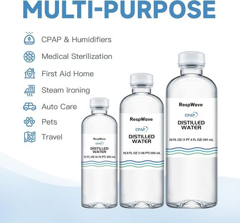 12 oz 6-Pack Distilled Water for CPAP Machines | Made in USA | Use with ResMed and Respironics Machines | Travel-Friendly, Clean, Multi-Use in Saudi Arabia