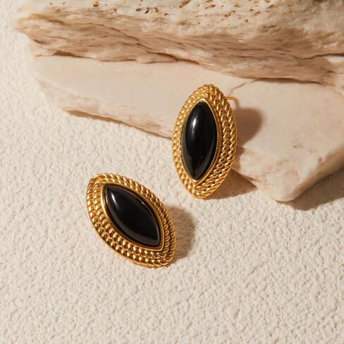 RAUCHBE Big Chunky Gold Earrings for Women Vintage Black Oval Earring Onyx Statement Earrings Trendy Jewelry in Kuwait