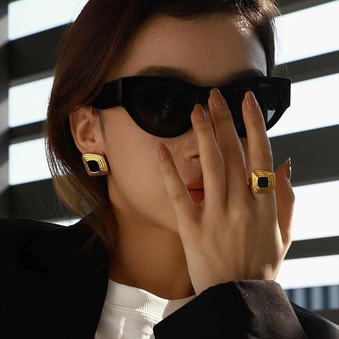 RAUCHBE Big Chunky Gold Earrings for Women Vintage Black Oval Earring Onyx Statement Earrings Trendy Jewelry in Kuwait