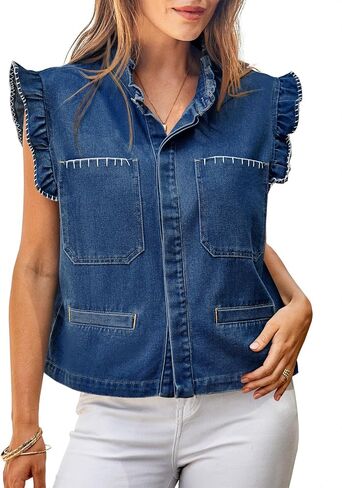 Tankaneo Womens Denim Vest Ruffle Sleeve Summer Causal Cropped Jean Vests Tops Sleeveless Jackets in Saudi Arabia