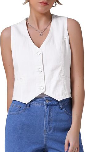 Women's Denim Vest V Neck Button Down Sleeveless Waistcoat Vest Top Western Outfits Casual Jean Vests in Saudi Arabia