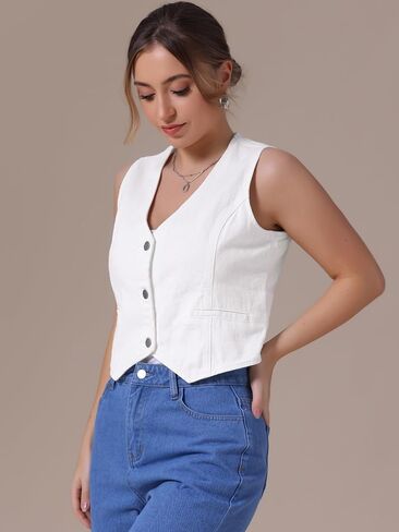 Women's Denim Vest V Neck Button Down Sleeveless Waistcoat Vest Top Western Outfits Casual Jean Vests in Saudi Arabia