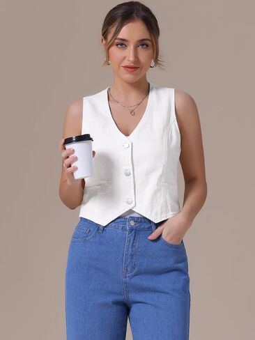 Women's Denim Vest V Neck Button Down Sleeveless Waistcoat Vest Top Western Outfits Casual Jean Vests in Saudi Arabia