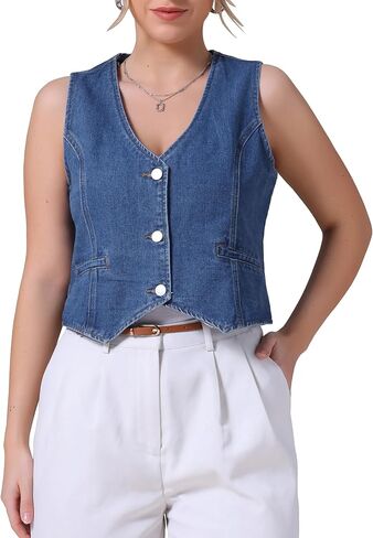 Women's Denim Vest V Neck Button Down Sleeveless Waistcoat Vest Top Western Outfits Casual Jean Vests in Saudi Arabia