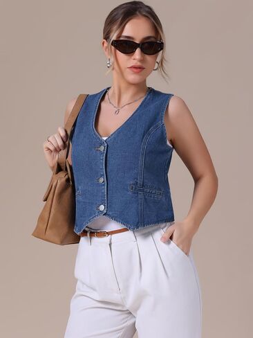 Women's Denim Vest V Neck Button Down Sleeveless Waistcoat Vest Top Western Outfits Casual Jean Vests in Saudi Arabia