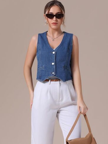 Women's Denim Vest V Neck Button Down Sleeveless Waistcoat Vest Top Western Outfits Casual Jean Vests in Saudi Arabia