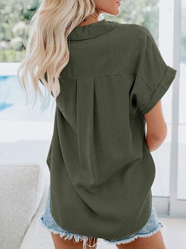 Womens Button Down Shirts Short Sleeve Linen Style Cotton Collared Button Up Casual Blouses Oversized Tops with Pocket in Kuwait