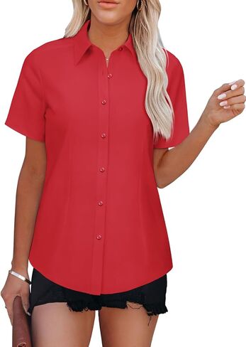 Womens Button Down Shirts Short Sleeve Fitted Button Up Dress Shirt Solid Collared Blouse Wrinkle Free Work Business Top in Saudi Arabia