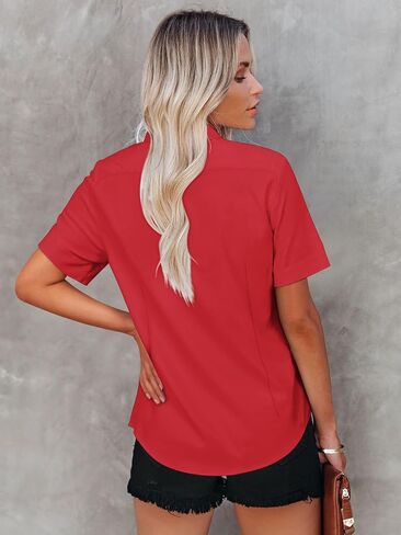 Womens Button Down Shirts Short Sleeve Fitted Button Up Dress Shirt Solid Collared Blouse Wrinkle Free Work Business Top in Saudi Arabia