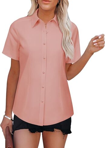 Womens Button Down Shirts Short Sleeve Fitted Button Up Dress Shirt Solid Collared Blouse Wrinkle Free Work Business Top in Saudi Arabia