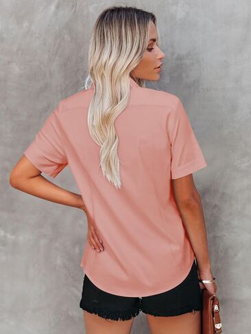 Womens Button Down Shirts Short Sleeve Fitted Button Up Dress Shirt Solid Collared Blouse Wrinkle Free Work Business Top in Saudi Arabia