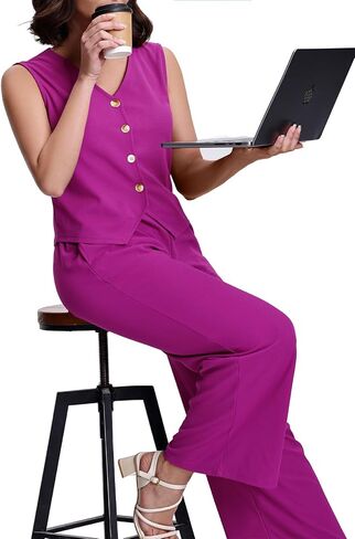 SeSe Code Womens 2 Piece Outfits Business Casual Button Up Vest and Wide Leg Pants Waffle Knit Sleeveless Blazer Suit Set in Saudi Arabia