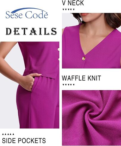 SeSe Code Womens 2 Piece Outfits Business Casual Button Up Vest and Wide Leg Pants Waffle Knit Sleeveless Blazer Suit Set in Saudi Arabia