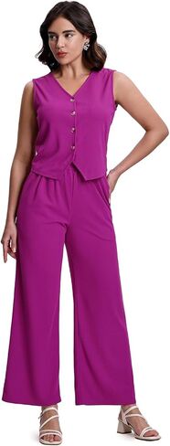 SeSe Code Womens 2 Piece Outfits Business Casual Button Up Vest and Wide Leg Pants Waffle Knit Sleeveless Blazer Suit Set in Saudi Arabia