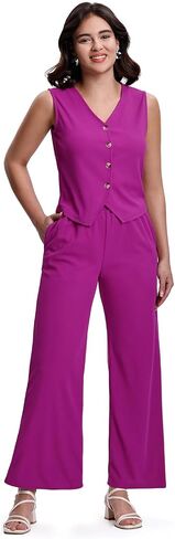 SeSe Code Womens 2 Piece Outfits Business Casual Button Up Vest and Wide Leg Pants Waffle Knit Sleeveless Blazer Suit Set in Saudi Arabia