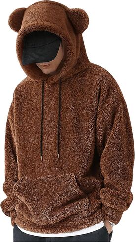 Men's Bear Ear Hoodies Drawstring Long Sleeve Fleece Sweatshirt Fuzzy Pullover Tops in Saudi Arabia