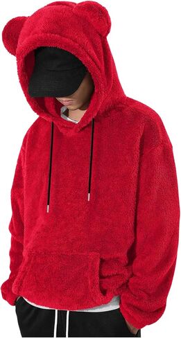 Men's Bear Ear Hoodies Drawstring Long Sleeve Fleece Sweatshirt Fuzzy Pullover Tops in Saudi Arabia