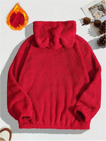 Men's Bear Ear Hoodies Drawstring Long Sleeve Fleece Sweatshirt Fuzzy Pullover Tops in Saudi Arabia