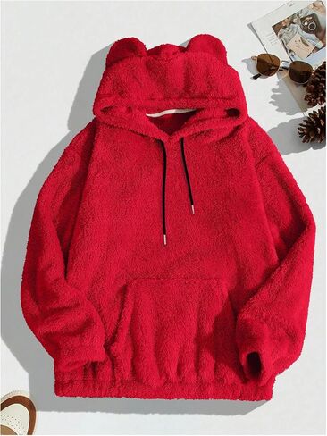 Men's Bear Ear Hoodies Drawstring Long Sleeve Fleece Sweatshirt Fuzzy Pullover Tops in Saudi Arabia