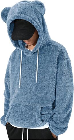 Men's Bear Ear Hoodies Drawstring Long Sleeve Fleece Sweatshirt Fuzzy Pullover Tops in Saudi Arabia