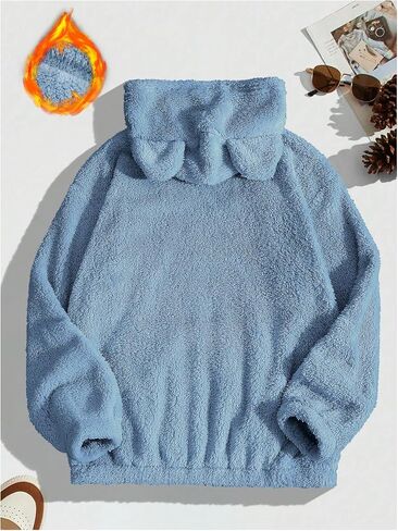 Men's Bear Ear Hoodies Drawstring Long Sleeve Fleece Sweatshirt Fuzzy Pullover Tops in Saudi Arabia