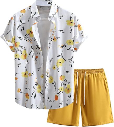 Men's 2 Piece Short Sets Outfits Button Down Floral Shirts and Drawstring Waist Shorts Tracksuits in Saudi Arabia