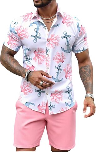 Men's 2 Piece Short Sets Outfits Button Down Floral Shirts and Drawstring Waist Shorts Tracksuits in Saudi Arabia