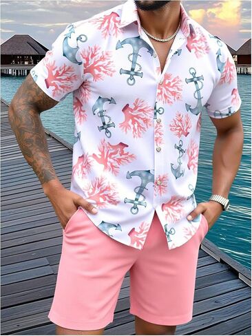 Men's 2 Piece Short Sets Outfits Button Down Floral Shirts and Drawstring Waist Shorts Tracksuits in Saudi Arabia