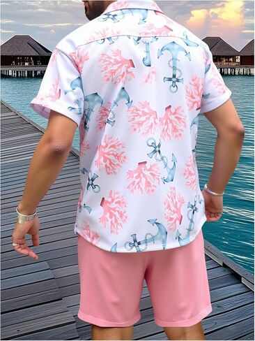 Men's 2 Piece Short Sets Outfits Button Down Floral Shirts and Drawstring Waist Shorts Tracksuits in Saudi Arabia