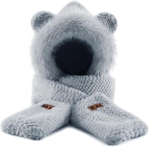 Hooded Scarf for Women Winter, Cute Bear Ear Hat Scarf 3 in 1 Faux Fur Gloves Set Soft Thick Warm Hat in Saudi Arabia