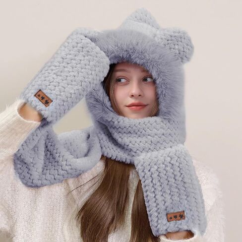 Hooded Scarf for Women Winter, Cute Bear Ear Hat Scarf 3 in 1 Faux Fur Gloves Set Soft Thick Warm Hat in Saudi Arabia
