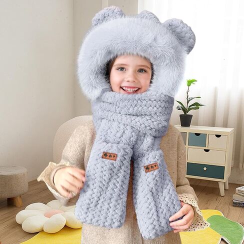 Hooded Scarf for Women Winter, Cute Bear Ear Hat Scarf 3 in 1 Faux Fur Gloves Set Soft Thick Warm Hat in Saudi Arabia