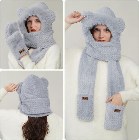 Hooded Scarf for Women Winter, Cute Bear Ear Hat Scarf 3 in 1 Faux Fur Gloves Set Soft Thick Warm Hat in Saudi Arabia