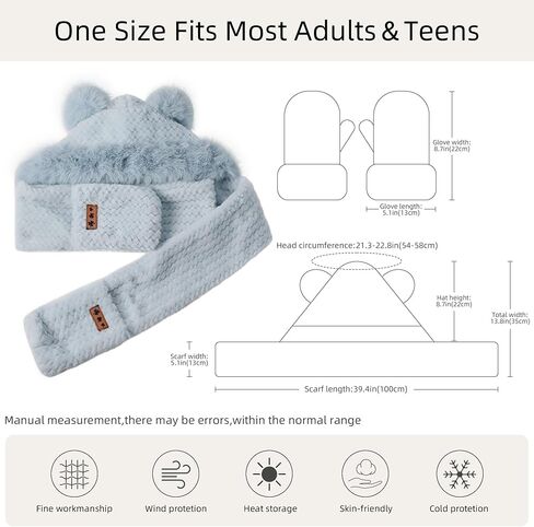 Hooded Scarf for Women Winter, Cute Bear Ear Hat Scarf 3 in 1 Faux Fur Gloves Set Soft Thick Warm Hat in Saudi Arabia