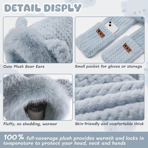 Hooded Scarf for Women Winter, Cute Bear Ear Hat Scarf 3 in 1 Faux Fur Gloves Set Soft Thick Warm Hat in Saudi Arabia