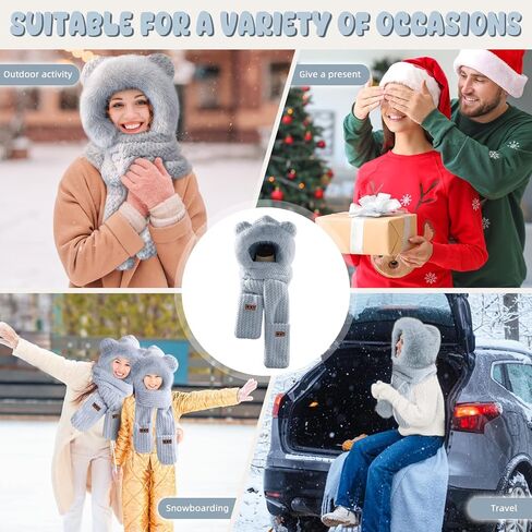 Hooded Scarf for Women Winter, Cute Bear Ear Hat Scarf 3 in 1 Faux Fur Gloves Set Soft Thick Warm Hat in Saudi Arabia