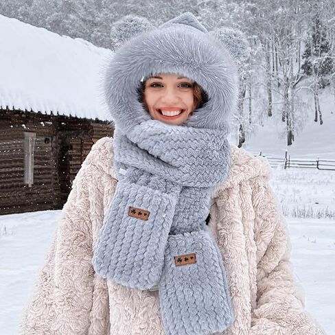 Hooded Scarf for Women Winter, Cute Bear Ear Hat Scarf 3 in 1 Faux Fur Gloves Set Soft Thick Warm Hat in Saudi Arabia