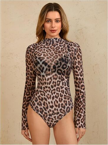 MakeMeChic Women's Leopard Print Top Bodysuit Long Sleeve Mock Neck Sleeve Fitted Leotards in Kuwait