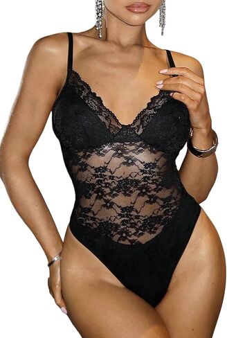 WDIRARA Women's Lace Bodysuit Floral Sexy Sheer Mesh V Neck Sleeveless Tank Bodysuit for Going Out Party Club in Saudi Arabia